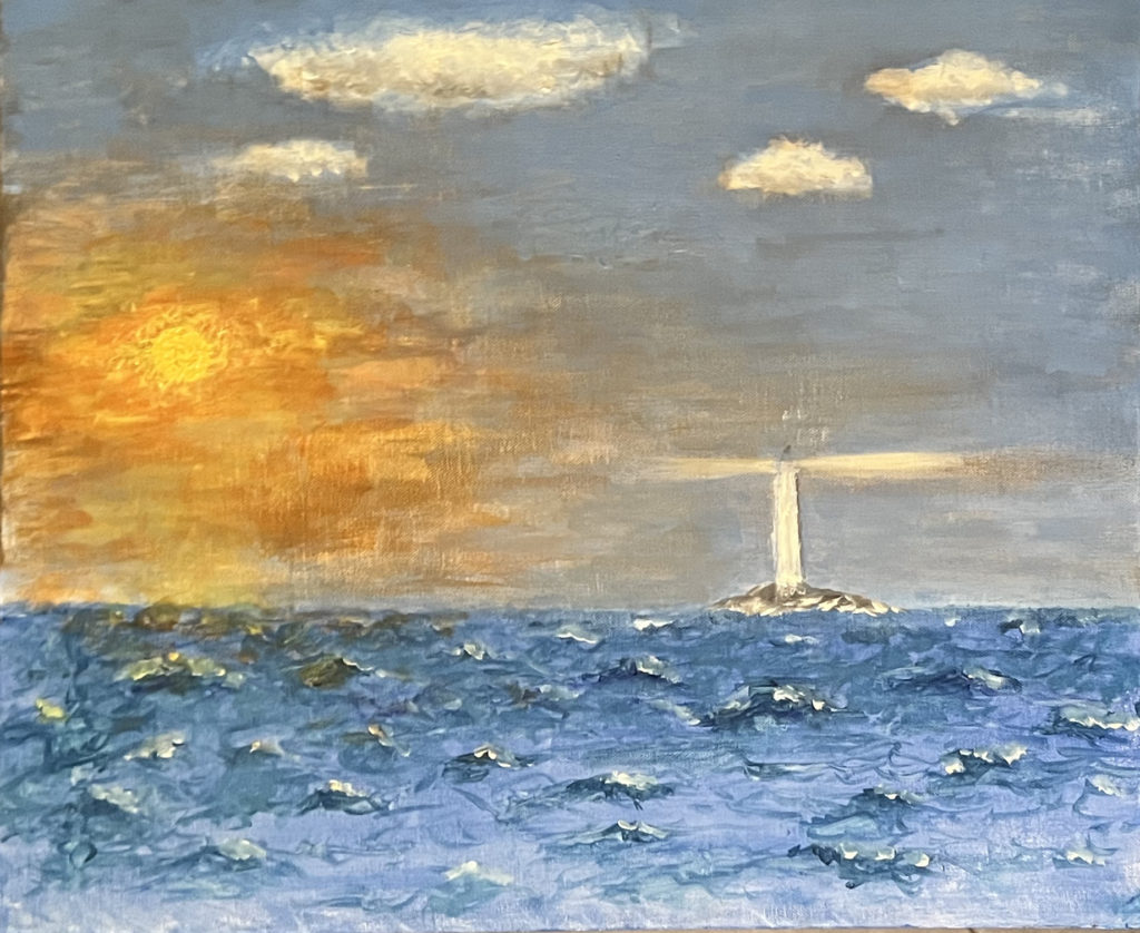 Peinture à l'huile, océan avec phare